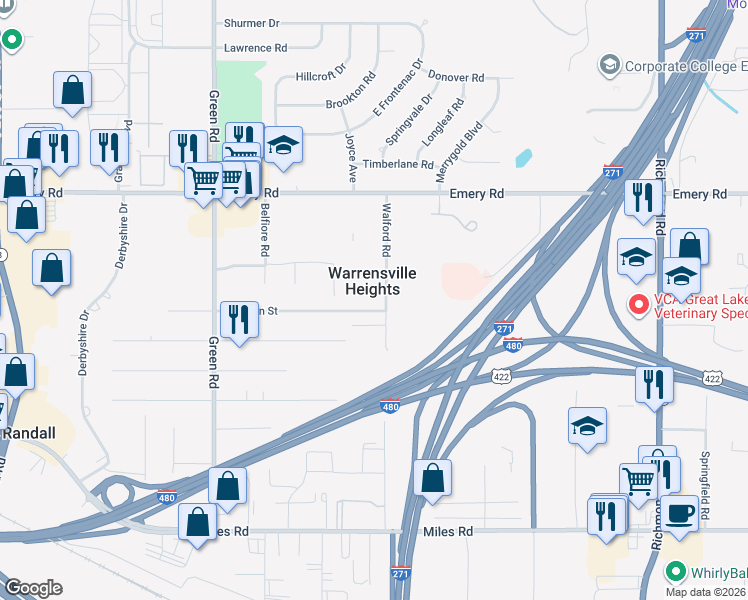 map of restaurants, bars, coffee shops, grocery stores, and more near 4738 Walford Road in Warrensville Heights