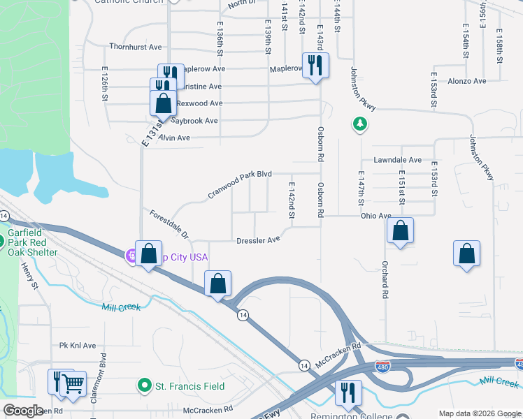 map of restaurants, bars, coffee shops, grocery stores, and more near 13900 Cooper Court in Garfield Heights