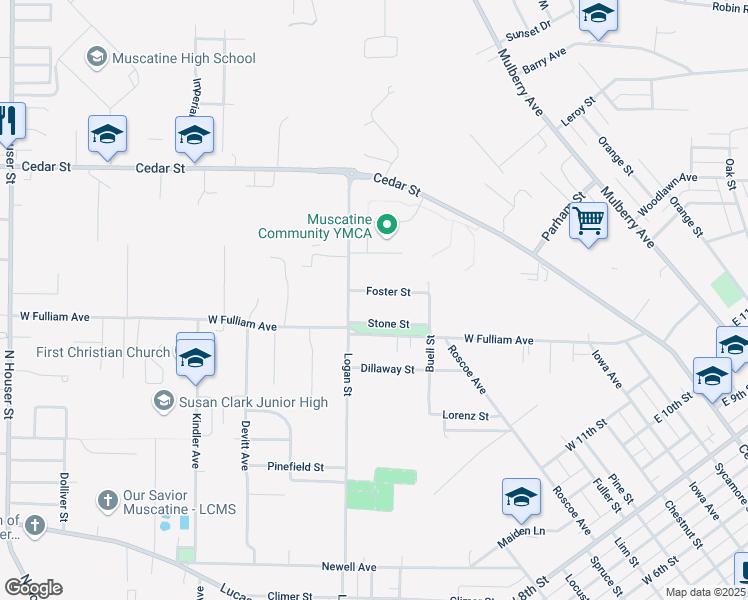 map of restaurants, bars, coffee shops, grocery stores, and more near 1712 Foster St in Muscatine