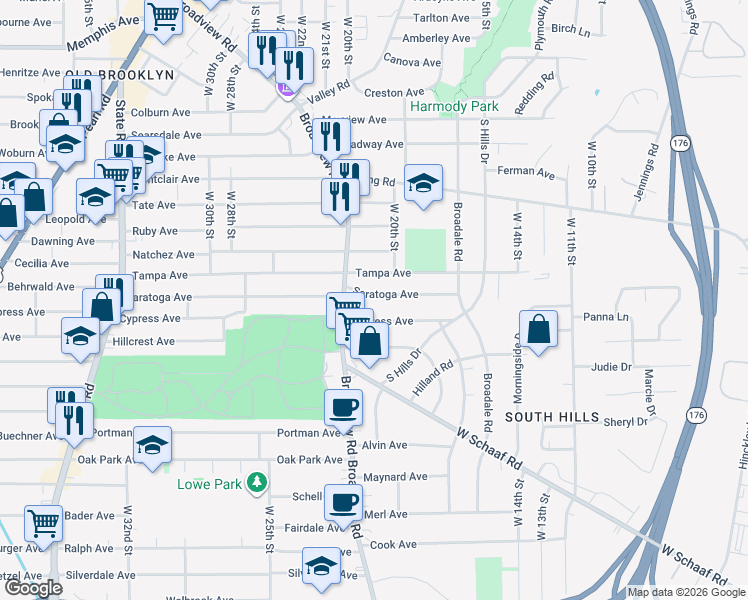 map of restaurants, bars, coffee shops, grocery stores, and more near 1797 Saratoga Avenue in Cleveland