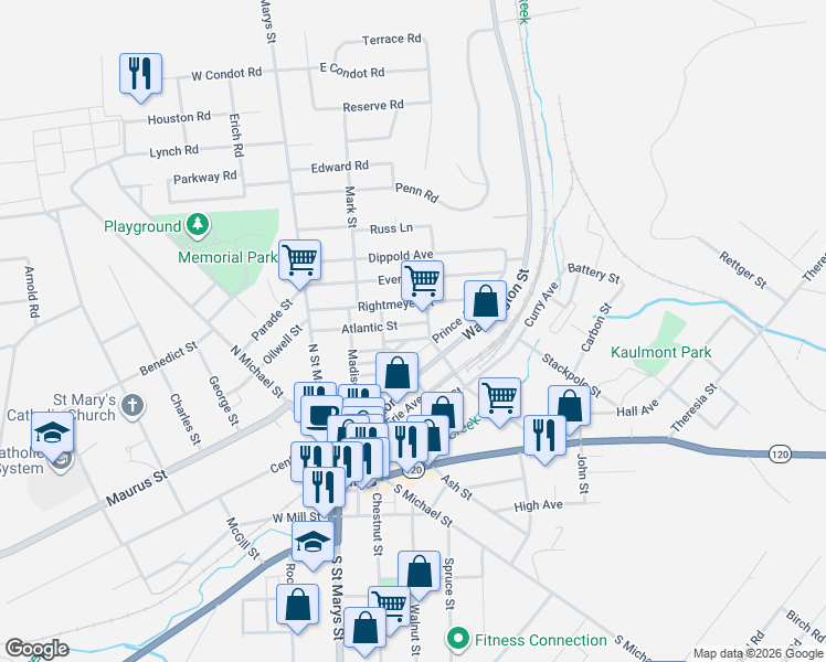 map of restaurants, bars, coffee shops, grocery stores, and more near 351 Grant Street in Saint Marys