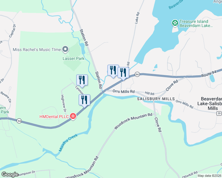 map of restaurants, bars, coffee shops, grocery stores, and more near 8 Orrs Mills Road in Beaverdam Lake-Salisbury Mills