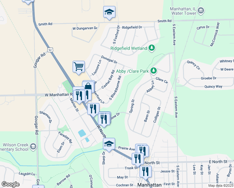 map of restaurants, bars, coffee shops, grocery stores, and more near 25105 South Blackthorne Road in Manhattan