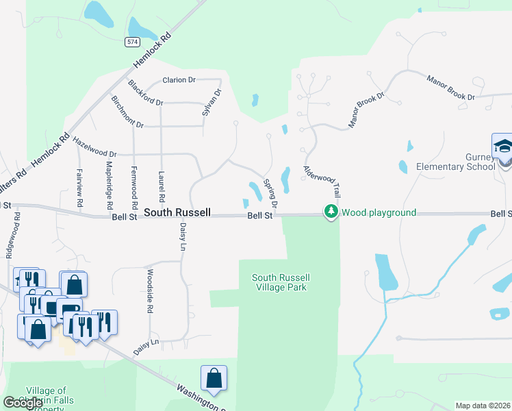 map of restaurants, bars, coffee shops, grocery stores, and more near 101 Spring Drive in Chagrin Falls