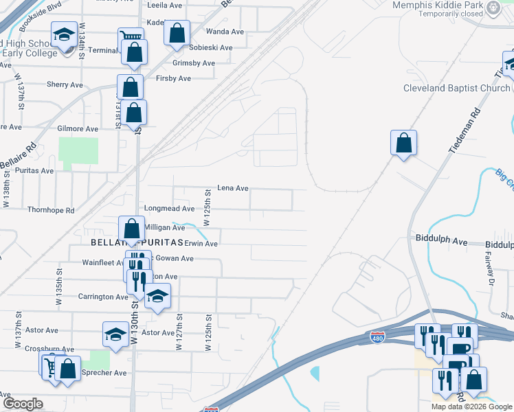 map of restaurants, bars, coffee shops, grocery stores, and more near 12011 Longmead Avenue in Cleveland