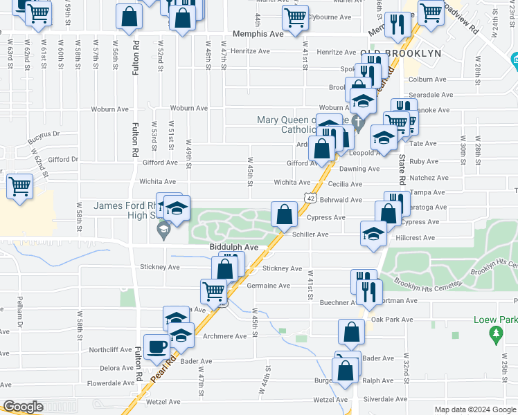 map of restaurants, bars, coffee shops, grocery stores, and more near 4411 Behrwald Avenue in Cleveland