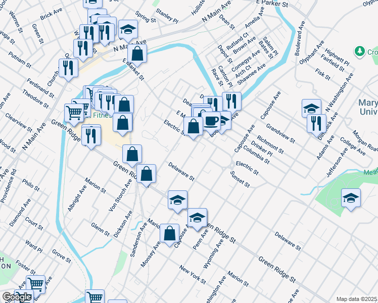 map of restaurants, bars, coffee shops, grocery stores, and more near 1741 Sanderson Avenue in Scranton