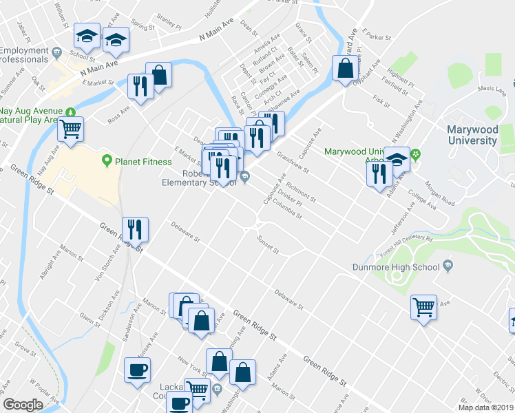 map of restaurants, bars, coffee shops, grocery stores, and more near 825 Electric Street in Scranton
