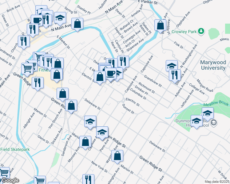 map of restaurants, bars, coffee shops, grocery stores, and more near in Scranton