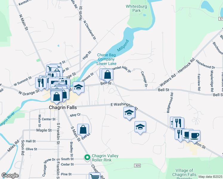 map of restaurants, bars, coffee shops, grocery stores, and more near 70 Commons Court in Chagrin Falls