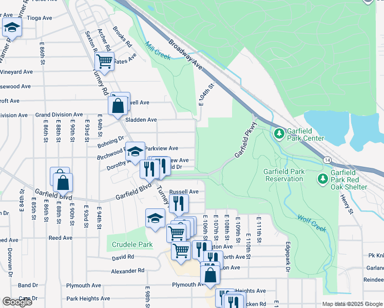 map of restaurants, bars, coffee shops, grocery stores, and more near 4724 East 104th Street in Garfield Heights