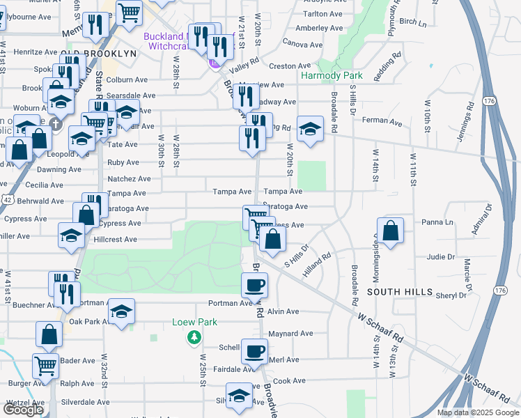 map of restaurants, bars, coffee shops, grocery stores, and more near 4570 Broadview Road in Cleveland