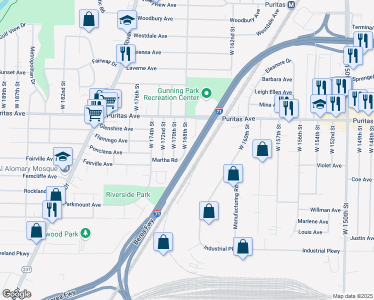 map of restaurants, bars, coffee shops, grocery stores, and more near 4525 West 168th Street in Cleveland