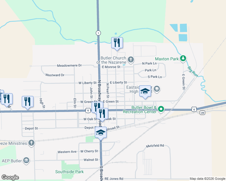 map of restaurants, bars, coffee shops, grocery stores, and more near 200-208 East Washington Street in Butler