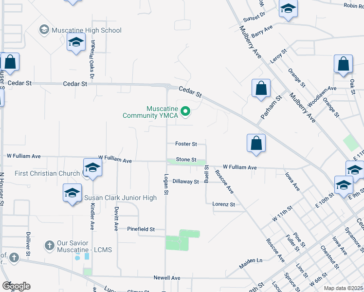 map of restaurants, bars, coffee shops, grocery stores, and more near 1712 Foster Street in Muscatine