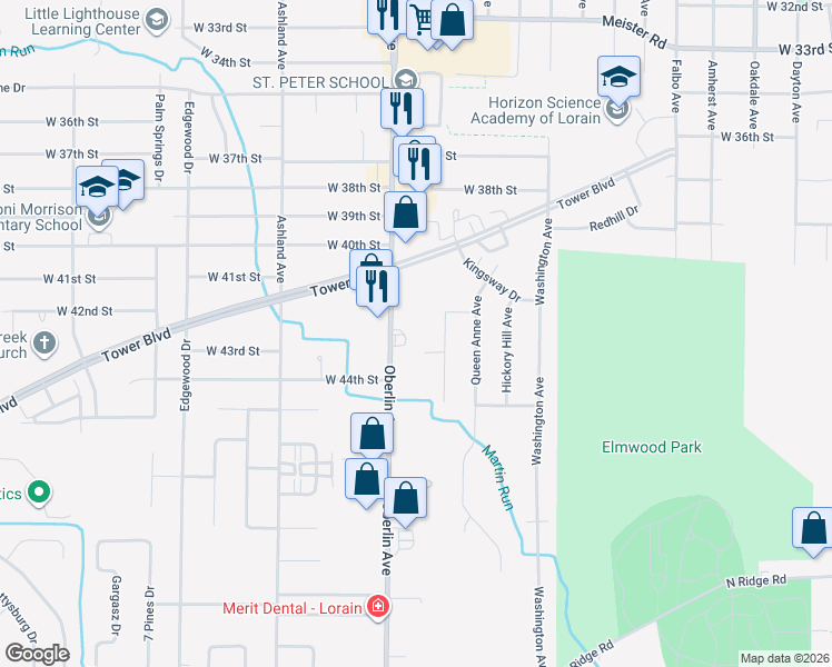 map of restaurants, bars, coffee shops, grocery stores, and more near 4355 Oberlin Avenue in Lorain