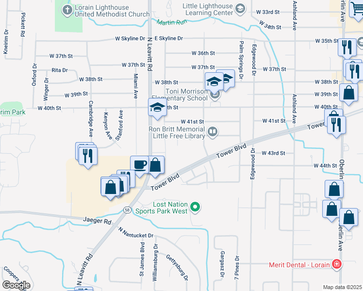 map of restaurants, bars, coffee shops, grocery stores, and more near 4229 Westminster Drive in Lorain