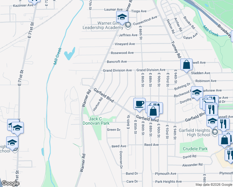 map of restaurants, bars, coffee shops, grocery stores, and more near 4699 Burleigh Road in Garfield Heights