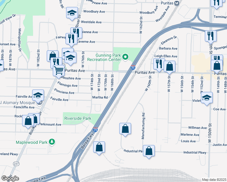 map of restaurants, bars, coffee shops, grocery stores, and more near 4525 West 168th Street in Cleveland