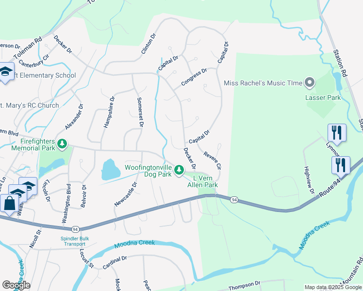 map of restaurants, bars, coffee shops, grocery stores, and more near 1 Pilgrim Lane in Washingtonville