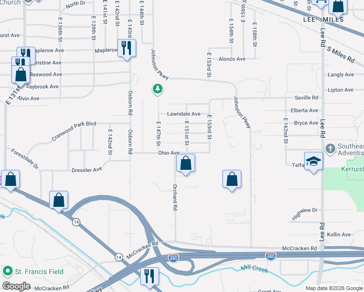 map of restaurants, bars, coffee shops, grocery stores, and more near 14917 Ohio Avenue in Cleveland