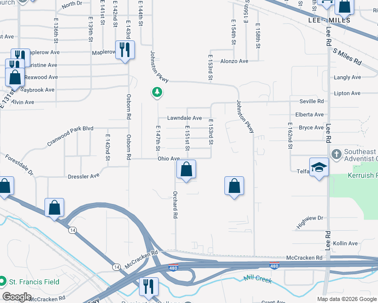 map of restaurants, bars, coffee shops, grocery stores, and more near 15203 Ohio Avenue in Cleveland