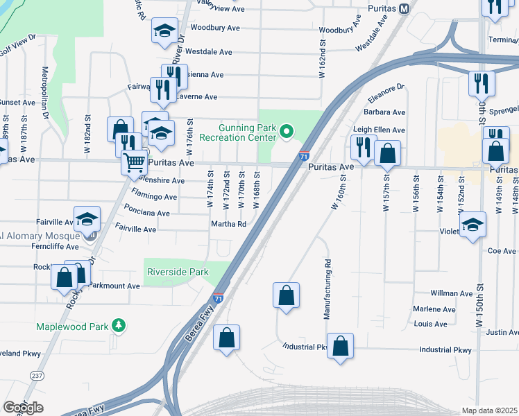 map of restaurants, bars, coffee shops, grocery stores, and more near 4525 West 168th Street in Cleveland