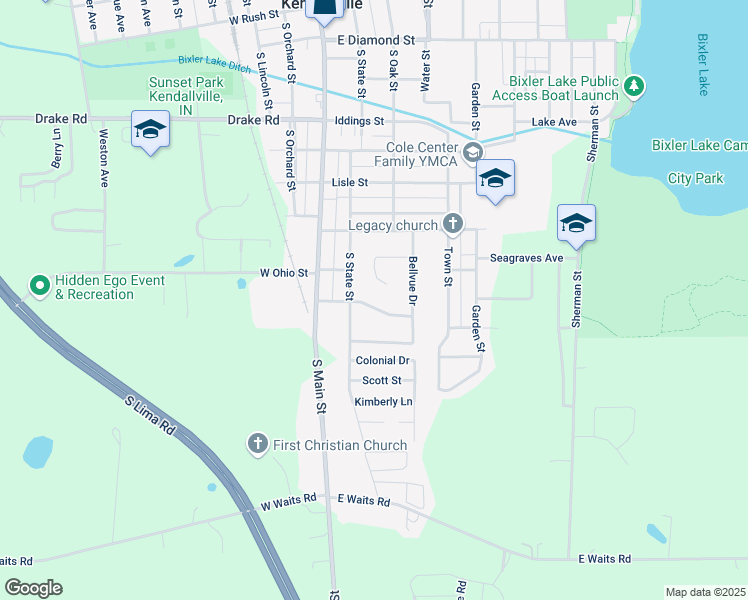 map of restaurants, bars, coffee shops, grocery stores, and more near 207 Pennsylvania Avenue in Kendallville