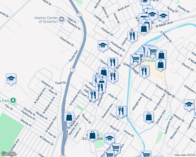 map of restaurants, bars, coffee shops, grocery stores, and more near 1130 Philo Street in Scranton