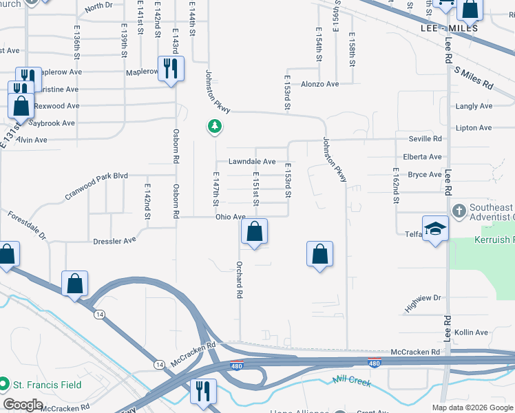 map of restaurants, bars, coffee shops, grocery stores, and more near 15203 Ohio Avenue in Cleveland