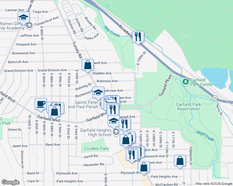 map of restaurants, bars, coffee shops, grocery stores, and more near 9915 Greenview Avenue in Garfield Heights
