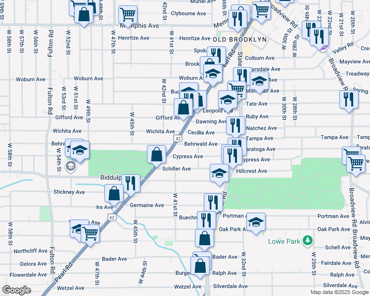 map of restaurants, bars, coffee shops, grocery stores, and more near 3912 Cypress Avenue in Cleveland