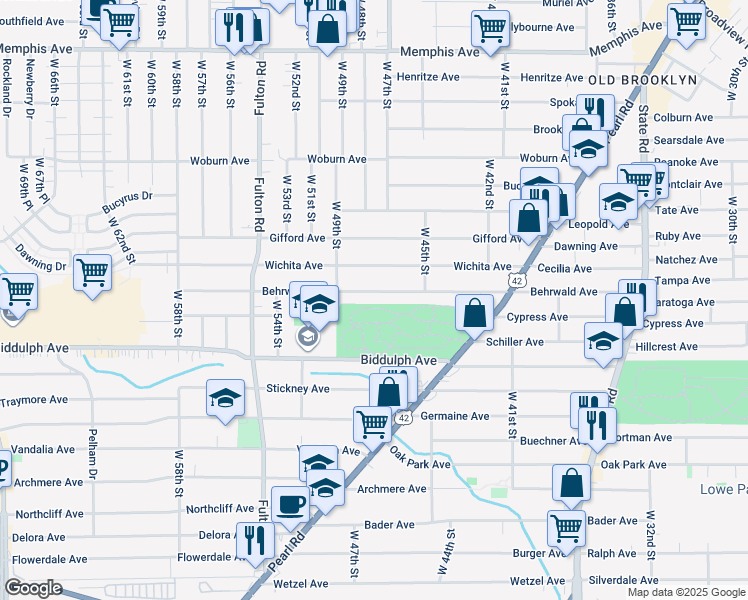 map of restaurants, bars, coffee shops, grocery stores, and more near 4707 Behrwald Avenue in Cleveland