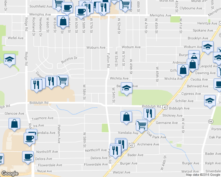 map of restaurants, bars, coffee shops, grocery stores, and more near 5410 Bangor Avenue in Cleveland