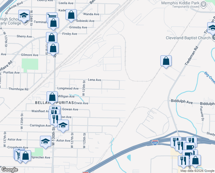 map of restaurants, bars, coffee shops, grocery stores, and more near 12011 Longmead Avenue in Cleveland