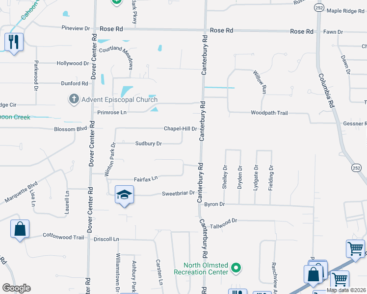 map of restaurants, bars, coffee shops, grocery stores, and more near 26480 Waterbury Circle in North Olmsted