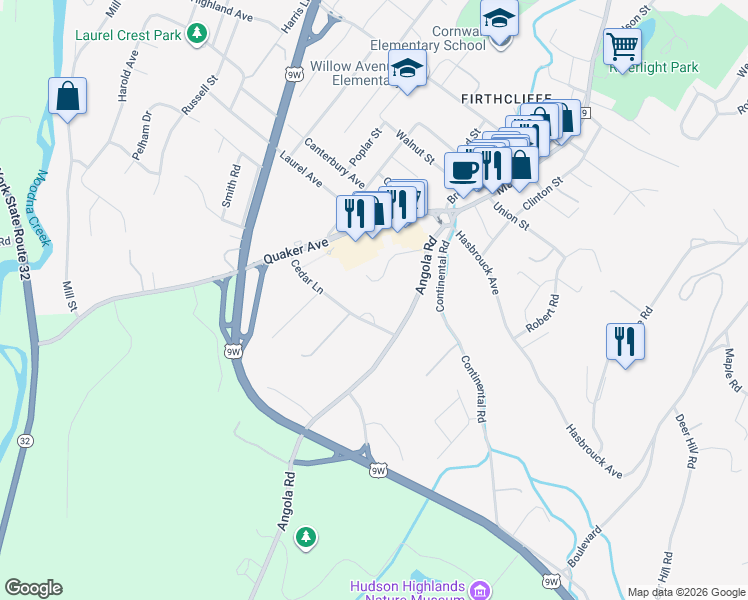 map of restaurants, bars, coffee shops, grocery stores, and more near 16 Cedar Lane in Cornwall