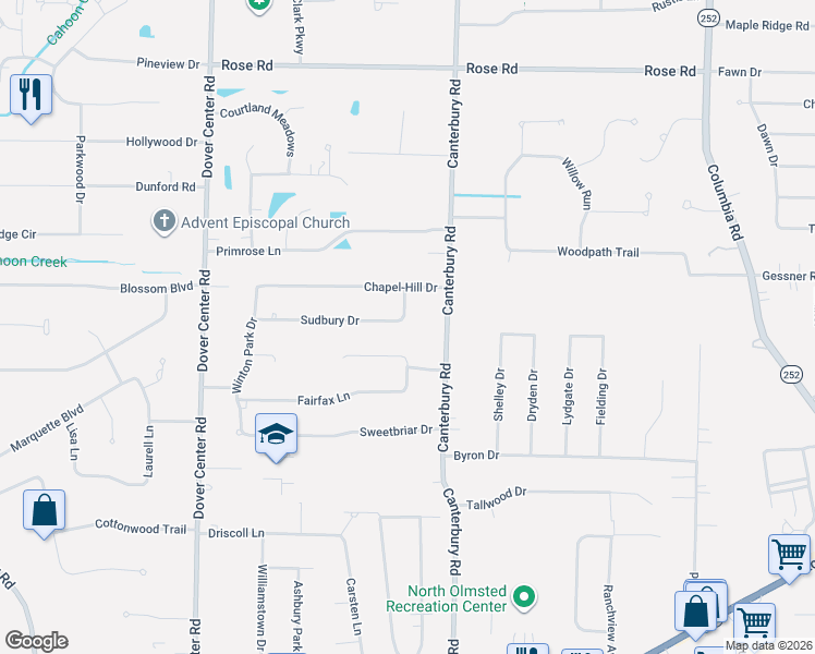map of restaurants, bars, coffee shops, grocery stores, and more near 26480 Waterbury Circle in North Olmsted
