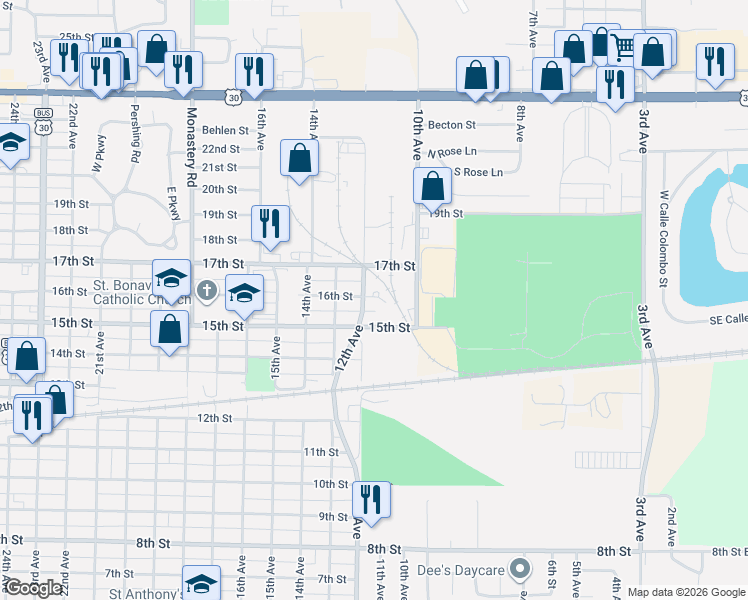 map of restaurants, bars, coffee shops, grocery stores, and more near 1112 15th Street in Columbus