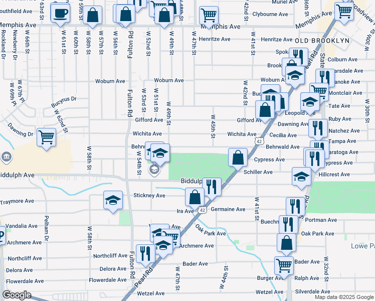 map of restaurants, bars, coffee shops, grocery stores, and more near 4707 Behrwald Avenue in Cleveland