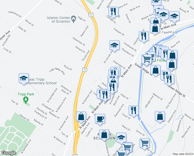 map of restaurants, bars, coffee shops, grocery stores, and more near 1210 Philo Street in Scranton