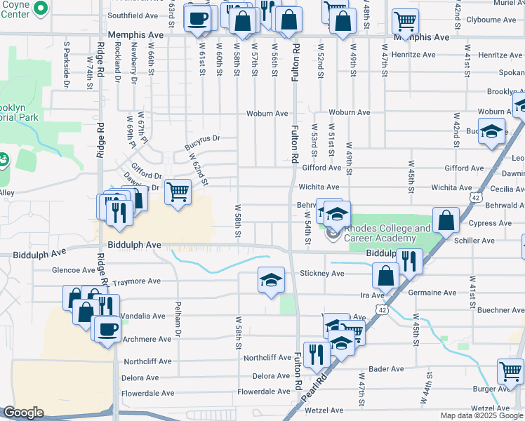 map of restaurants, bars, coffee shops, grocery stores, and more near 5700 Bangor Avenue in Cleveland
