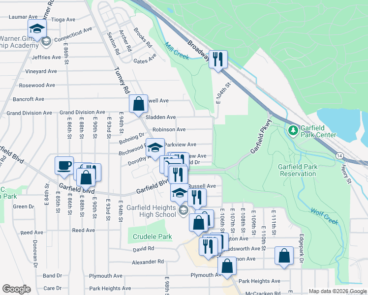 map of restaurants, bars, coffee shops, grocery stores, and more near 9915 Greenview Avenue in Garfield Heights