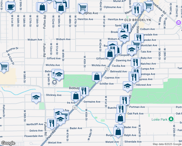 map of restaurants, bars, coffee shops, grocery stores, and more near 4317 Behrwald Avenue in Cleveland