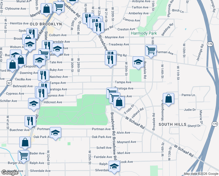 map of restaurants, bars, coffee shops, grocery stores, and more near 4570 Broadview Road in Cleveland