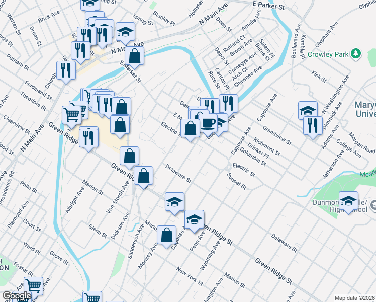 map of restaurants, bars, coffee shops, grocery stores, and more near 1749 Sanderson Avenue in Scranton