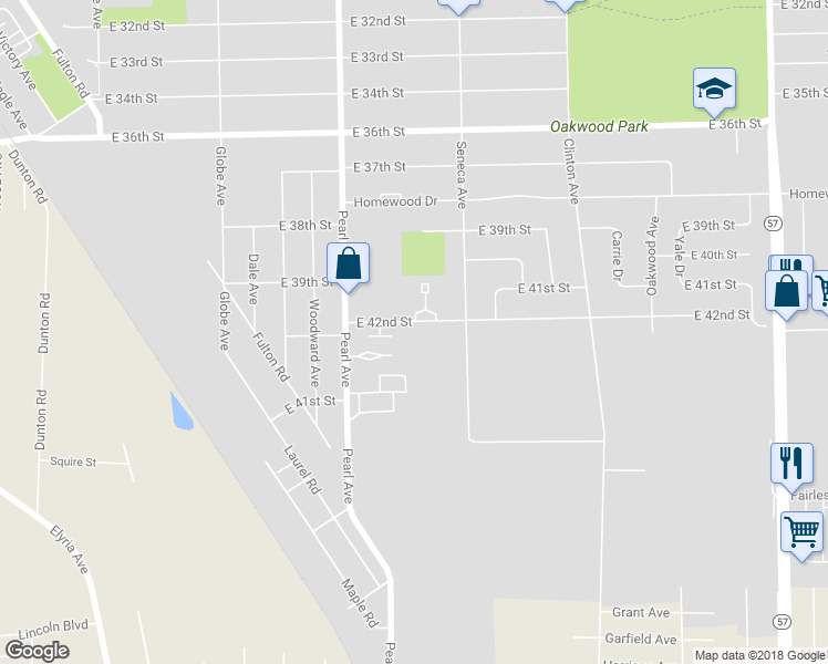 map of restaurants, bars, coffee shops, grocery stores, and more near 1850 East 42nd Street in Lorain