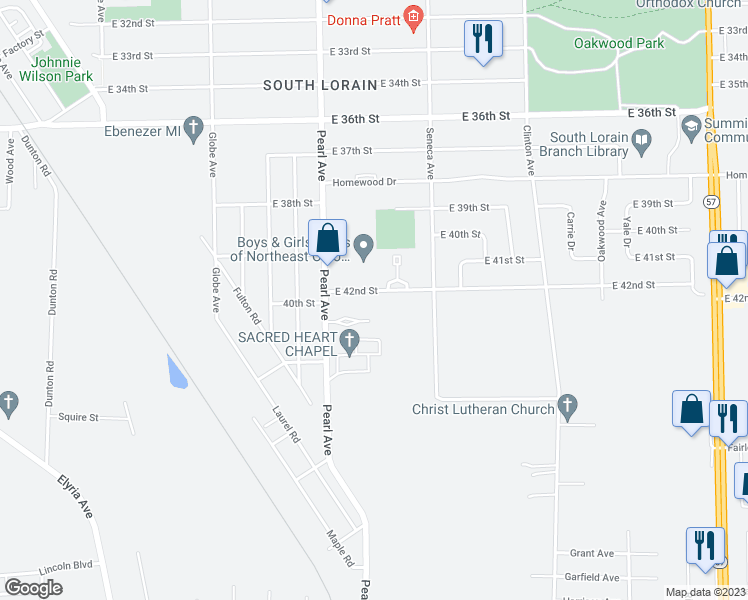 map of restaurants, bars, coffee shops, grocery stores, and more near 1840 East 42nd Street in Lorain