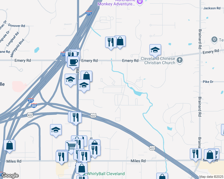map of restaurants, bars, coffee shops, grocery stores, and more near 26061 Cambridge Lane in Warrensville Heights