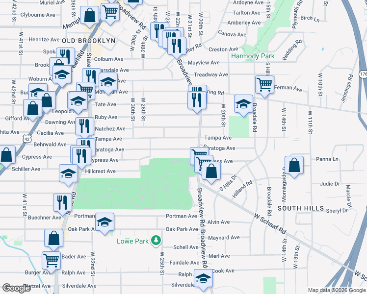 map of restaurants, bars, coffee shops, grocery stores, and more near 2309 Saratoga Avenue in Cleveland